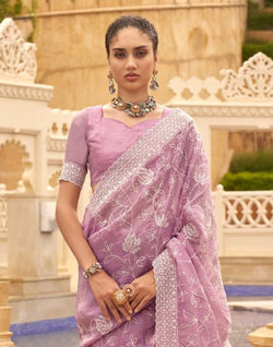 Collection of All Over Embroidery Work Organza Saree in Purple in a gallery layout