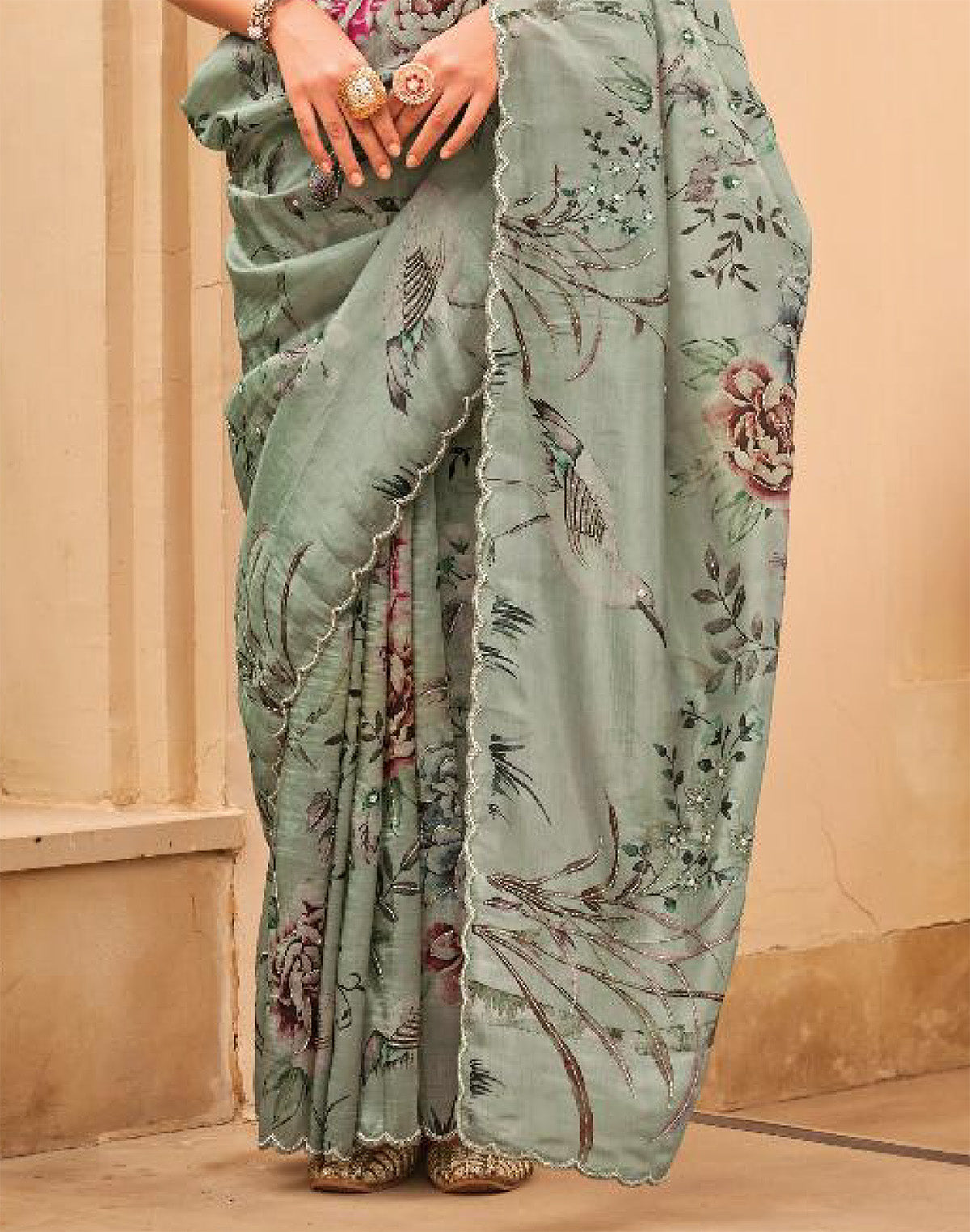 Collection of Light Green All Over Floral Printed  Party Wear Organza Saree in a gallery layout