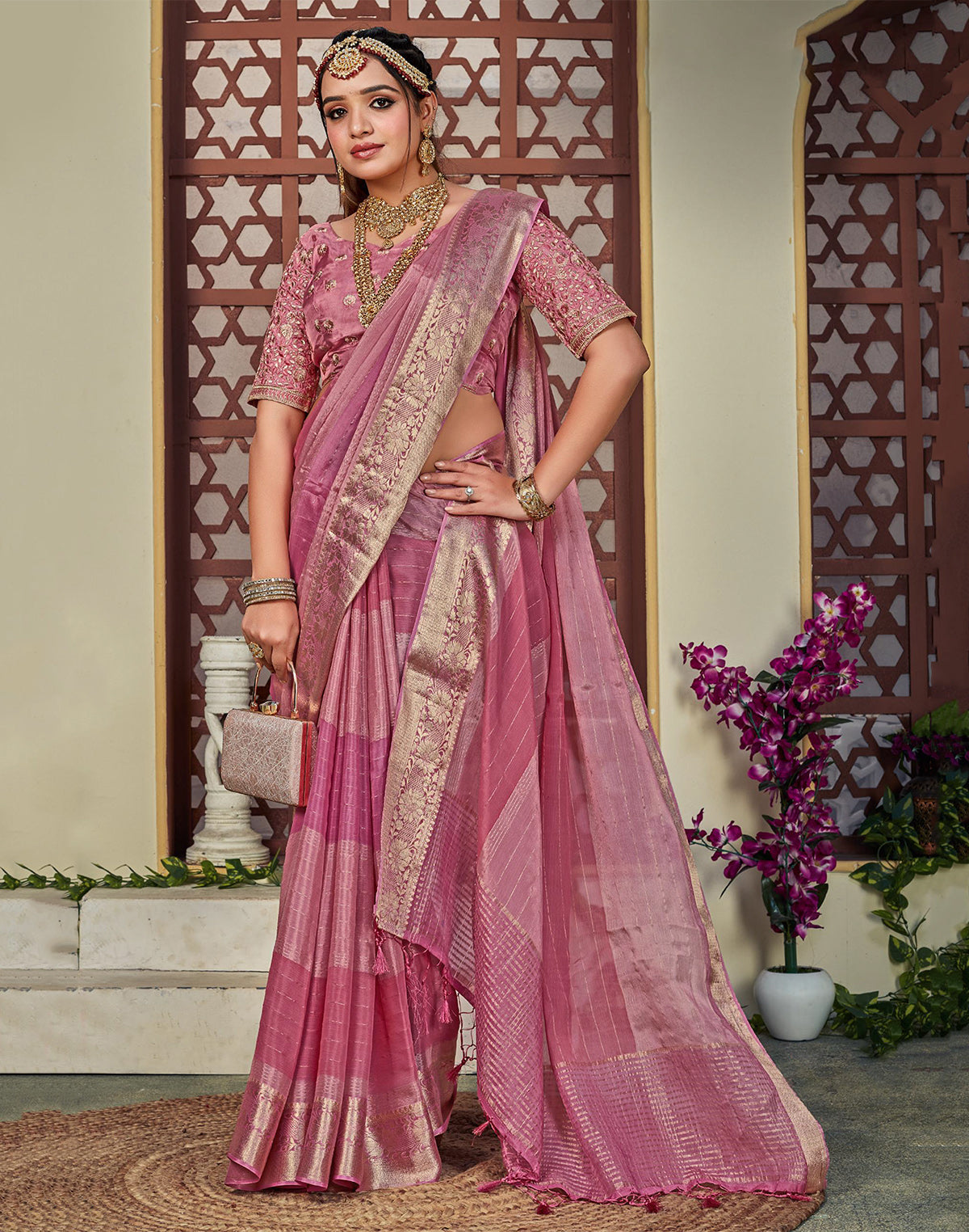 Collection of Pink Coloured Chiffon Saree With Embroidery Work Blouse in a gallery layout