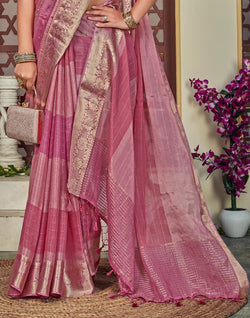 Collection of Pink Coloured Chiffon Saree With Embroidery Work Blouse in a gallery layout