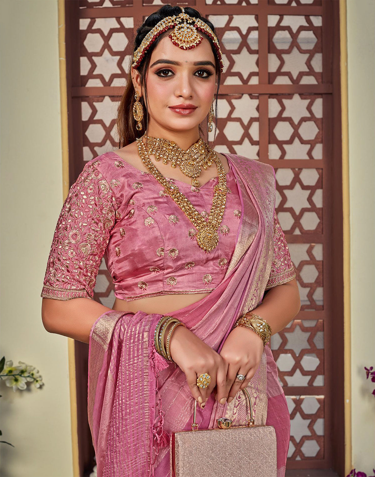 Collection of Pink Coloured Chiffon Saree With Embroidery Work Blouse in a gallery layout