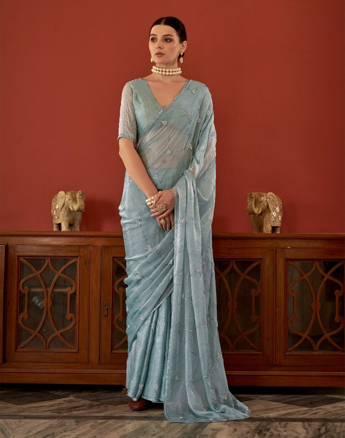 Collection of Floral Sequence Work Georgette Saree in Grey in a gallery layout