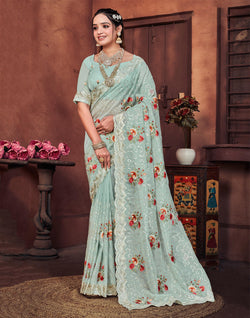 Collection of Elegtant Digital Floral With Sequence Work Pista Green Saree in a gallery layout