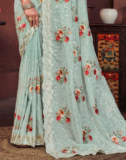 Collection of Elegtant Digital Floral With Sequence Work Pista Green Saree in a gallery layout