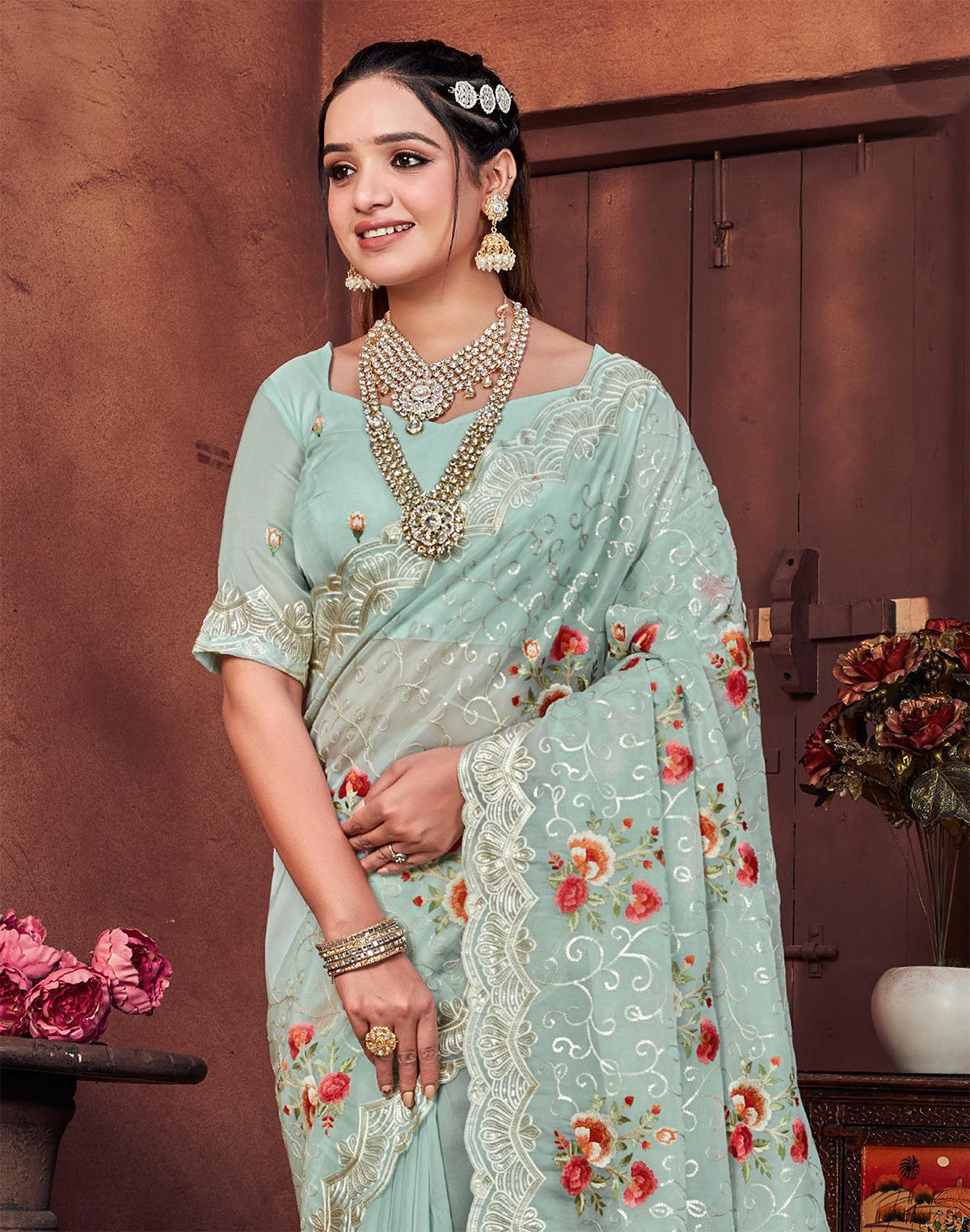 Collection of Elegtant Digital Floral With Sequence Work Pista Green Saree in a gallery layout