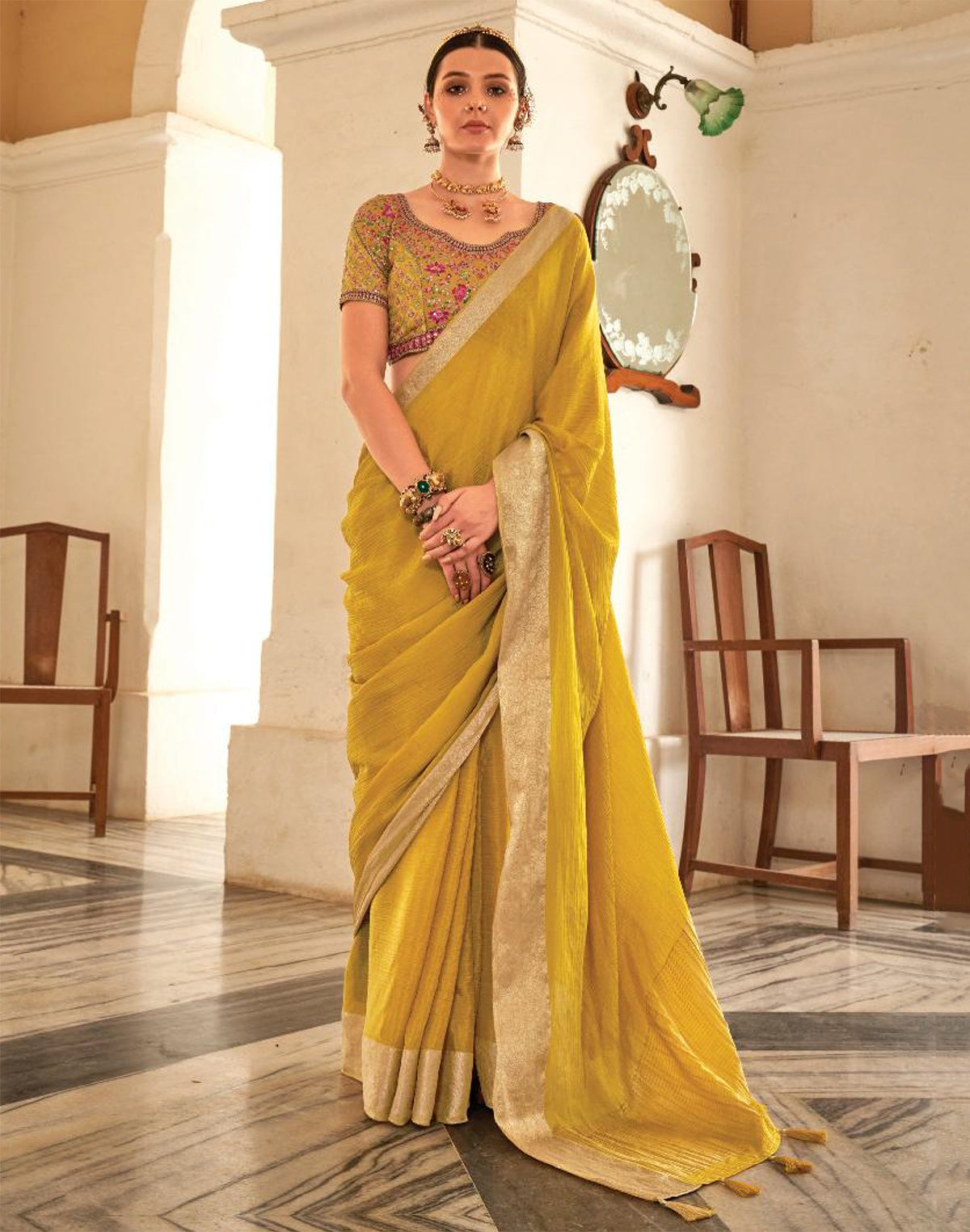 Collection of Light Yellow Plain Georgette Saree With Embroidery Work Blouse in a gallery layout