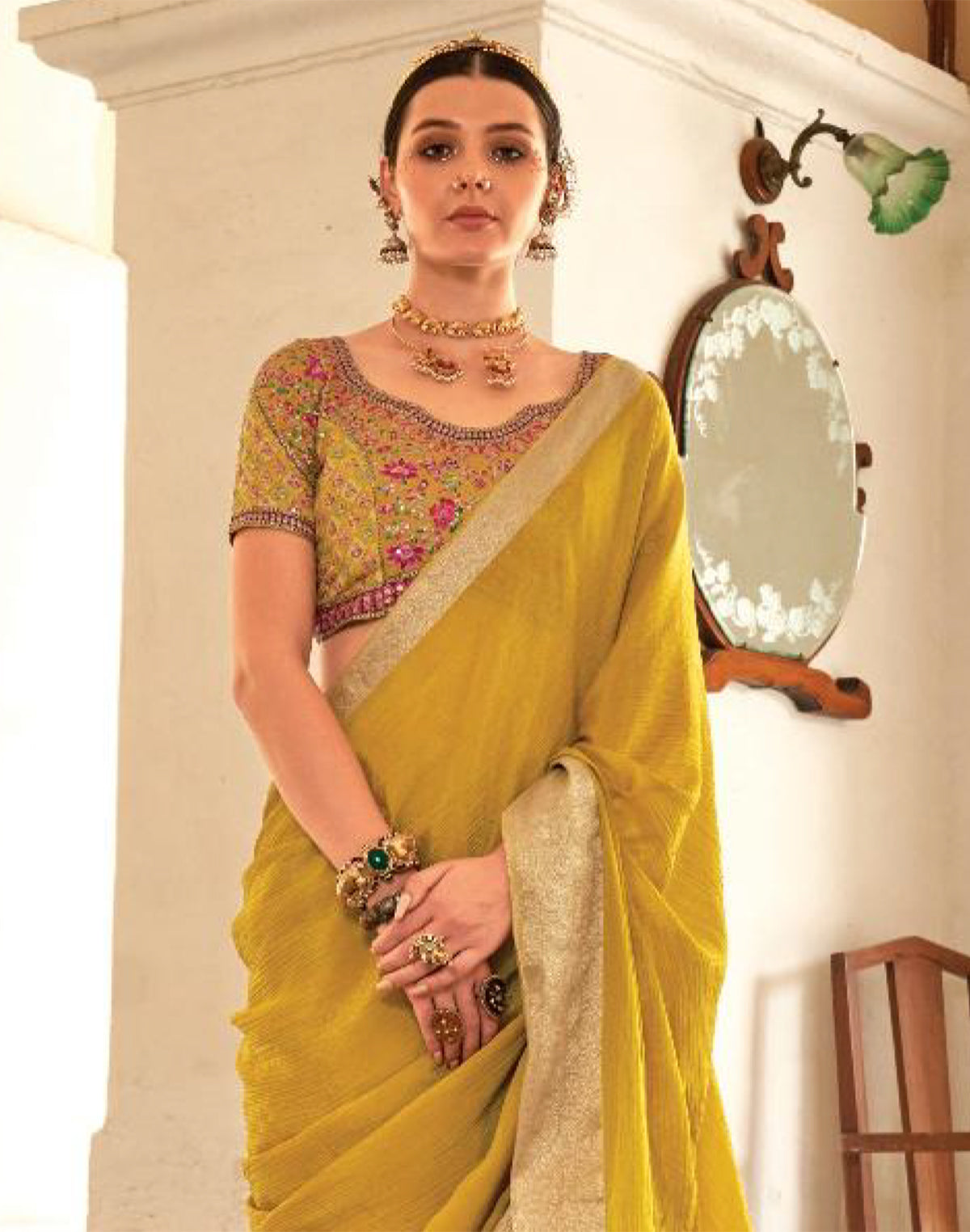 Light Yellow Plain Georgette Saree With Embroidery Work Blouse