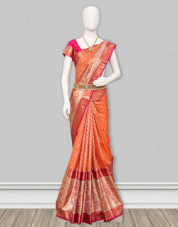 Collection of Orange Kanchi Pattu Silk Saree in a gallery layout