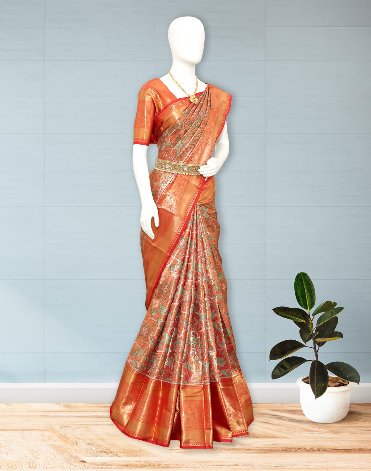 Collection of Red Coloured Tissue Padiya Pattu Saree in a gallery layout