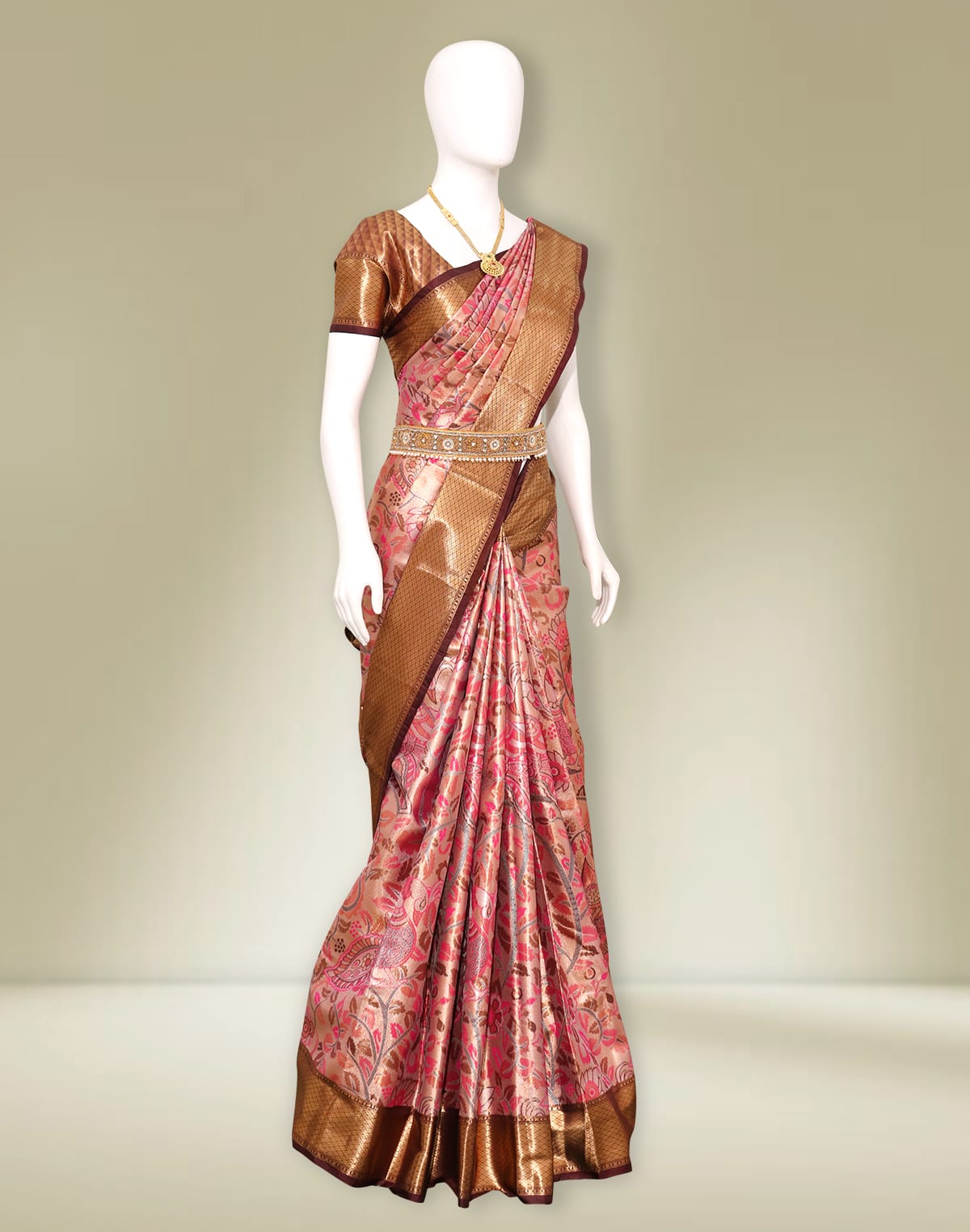 Collection of Light Pink Floral Kanchi Tissue Padiya Pattu Saree in a gallery layout