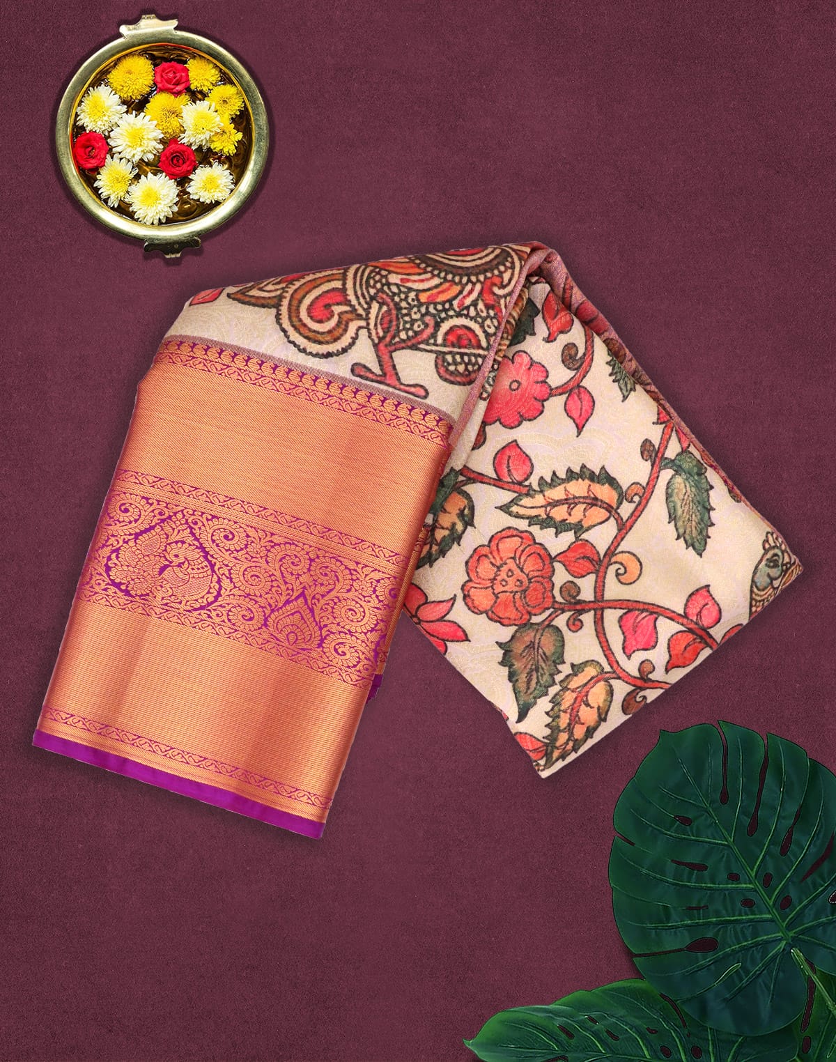 Collection of Cream all over Kalamkari Print with Zari Contrast Border Saree in a gallery layout