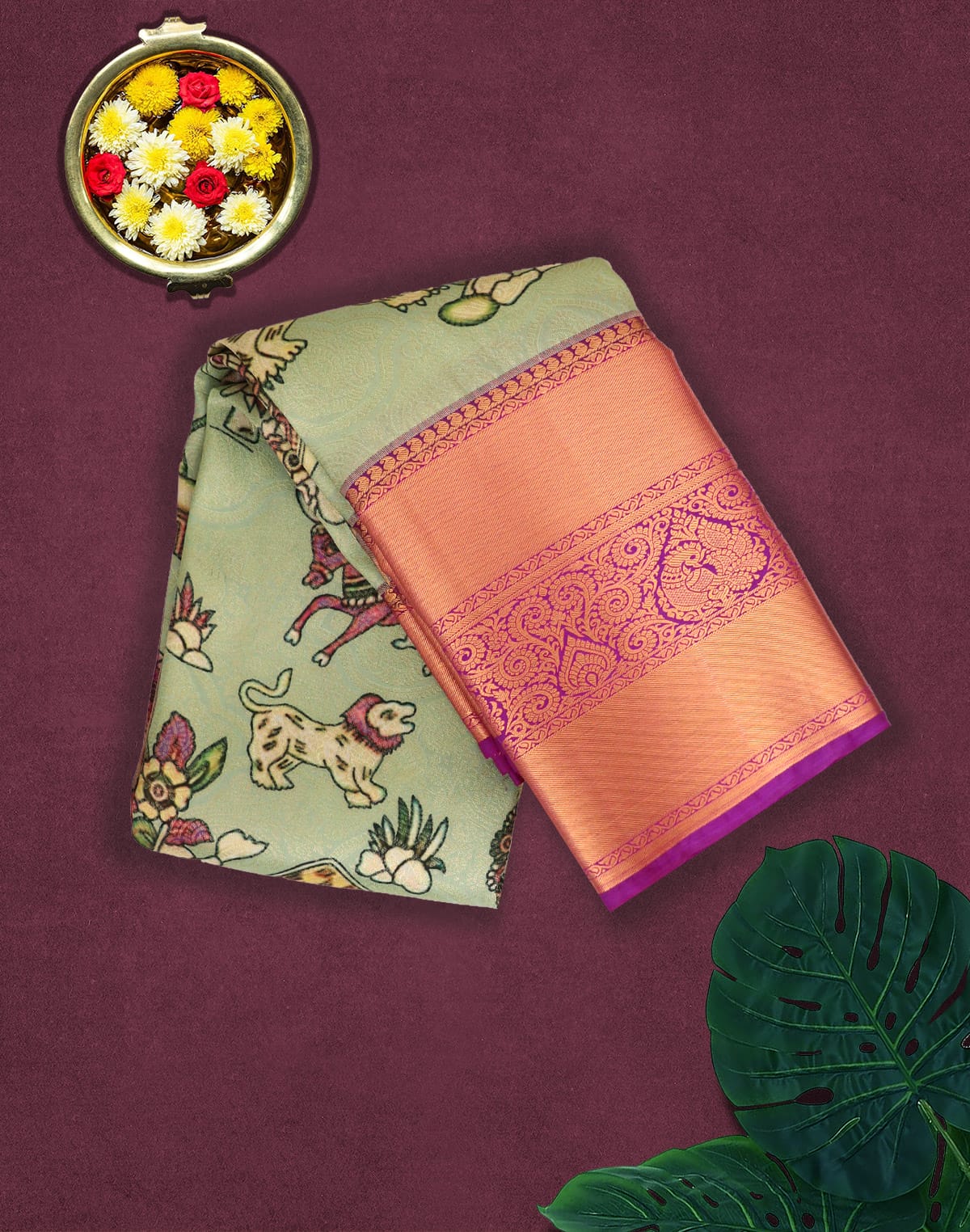 Pista Green Kanchi Kalamkari Print Silk Saree