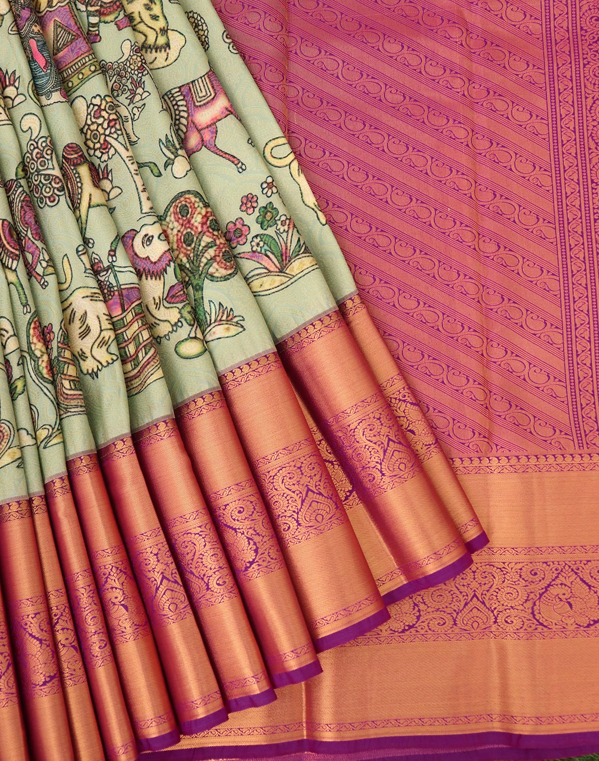 Collection of Pista Green Kanchi Kalamkari Print Silk Saree in a gallery layout