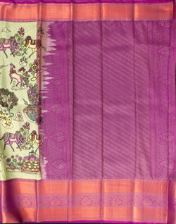 Collection of Pista Green Kanchi Kalamkari Print Silk Saree in a gallery layout