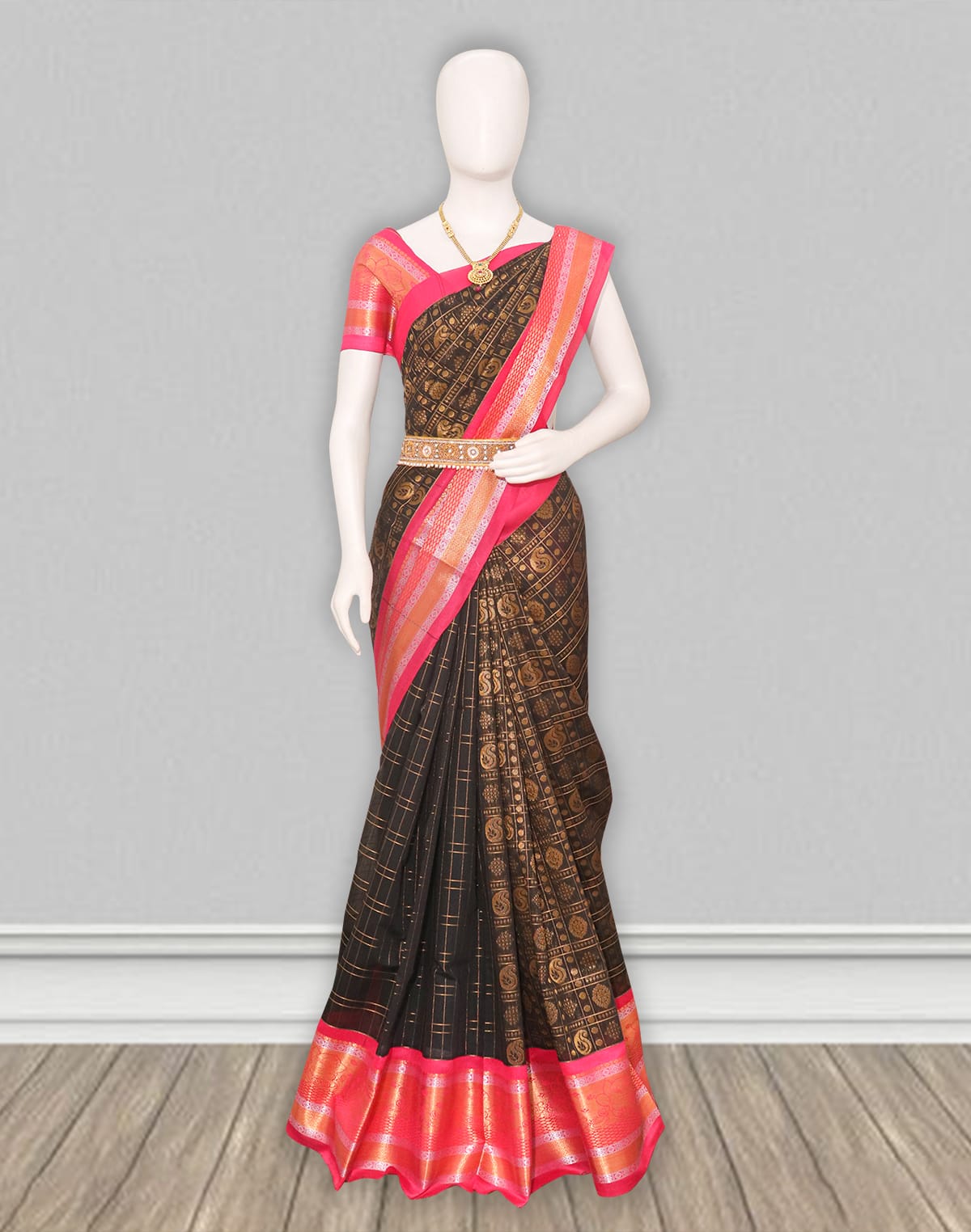 Collection of Black Coloured Chanderi Sico Cotton Saree in a gallery layout