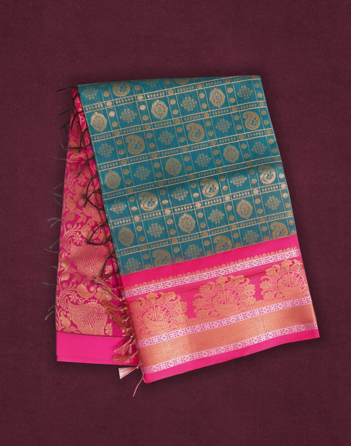 Collection of Peacock Blue Butta Chanderi Sico Cotton Saree in a gallery layout