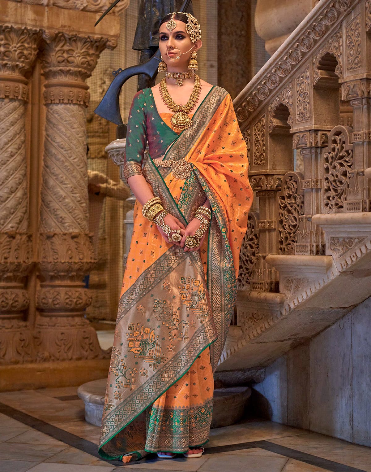 Orange Banaras Silk Stones work Saree