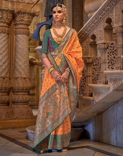 Collection of Orange Banaras Silk Stones work Saree in a gallery layout