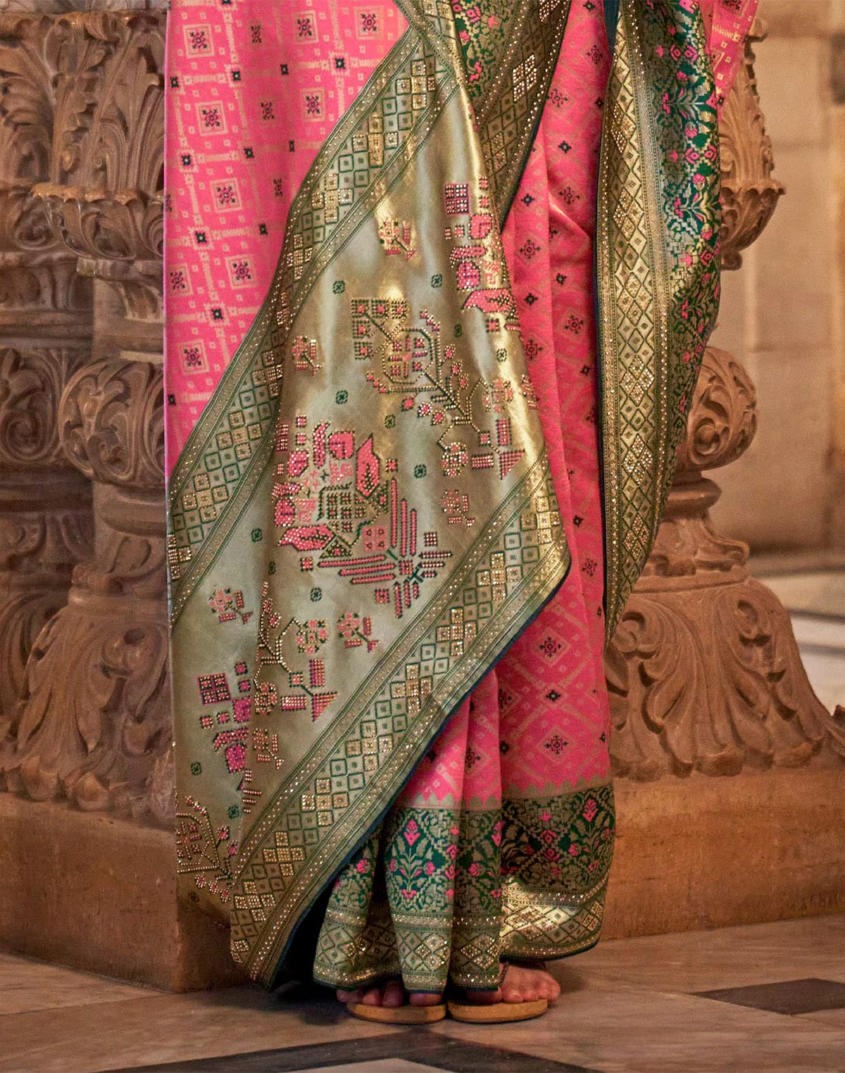 Bright Peach Stones work Banaras Silk Saree