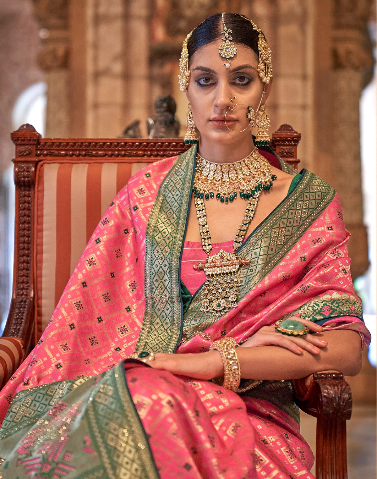 Bright Peach Stones work Banaras Silk Saree