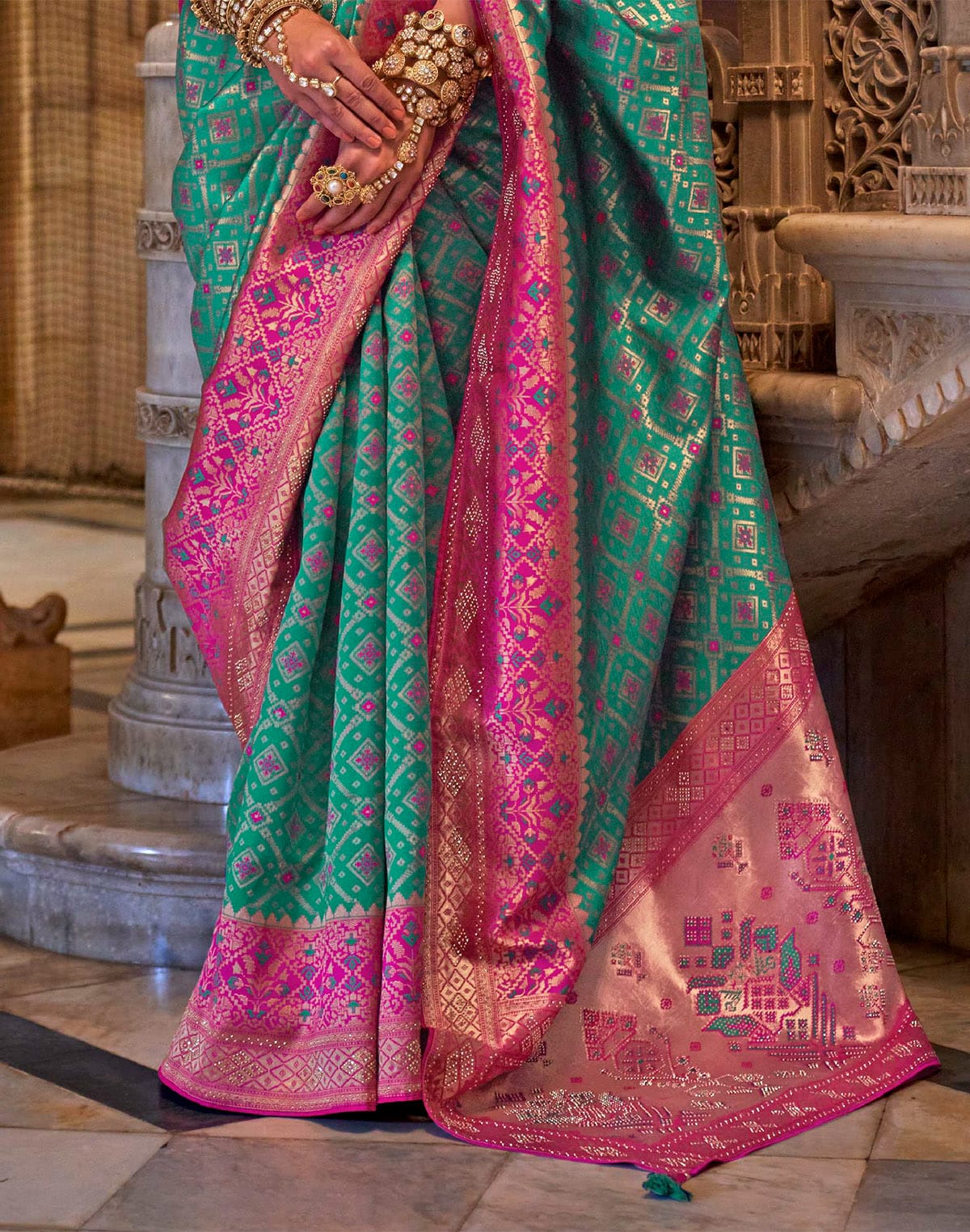 Collection of Green Woven Design Stones work Banaras Silk Saree in a gallery layout