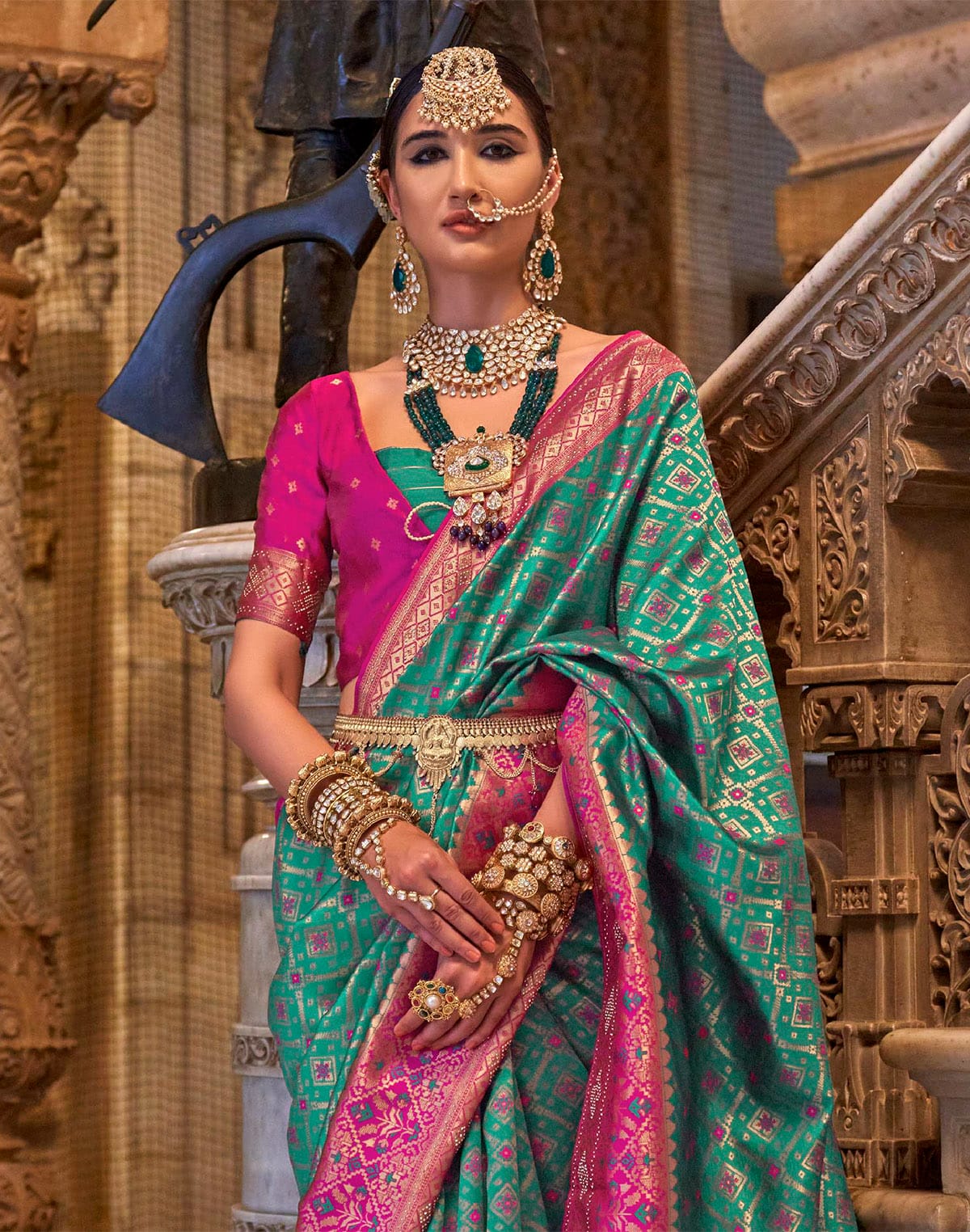 Collection of Green Woven Design Stones work Banaras Silk Saree in a gallery layout