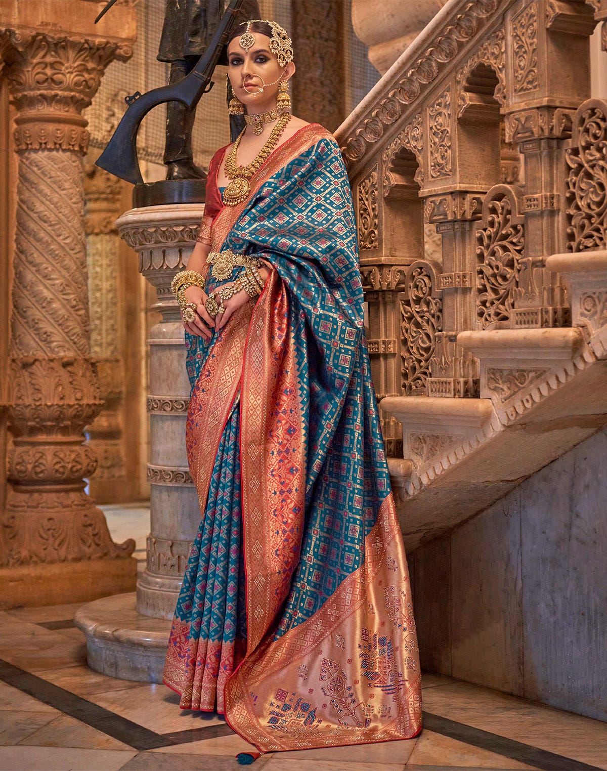 Steel Blue Floral Stones work Banaras Silk Saree