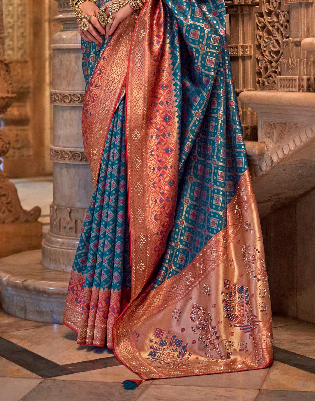 Steel Blue Floral Stones work Banaras Silk Saree