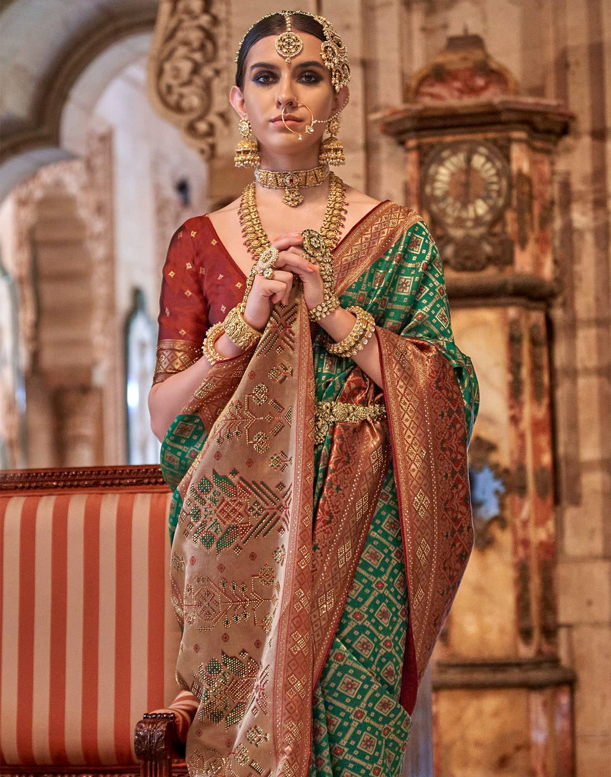 Bottle Green Banaras Silk Stones work Saree