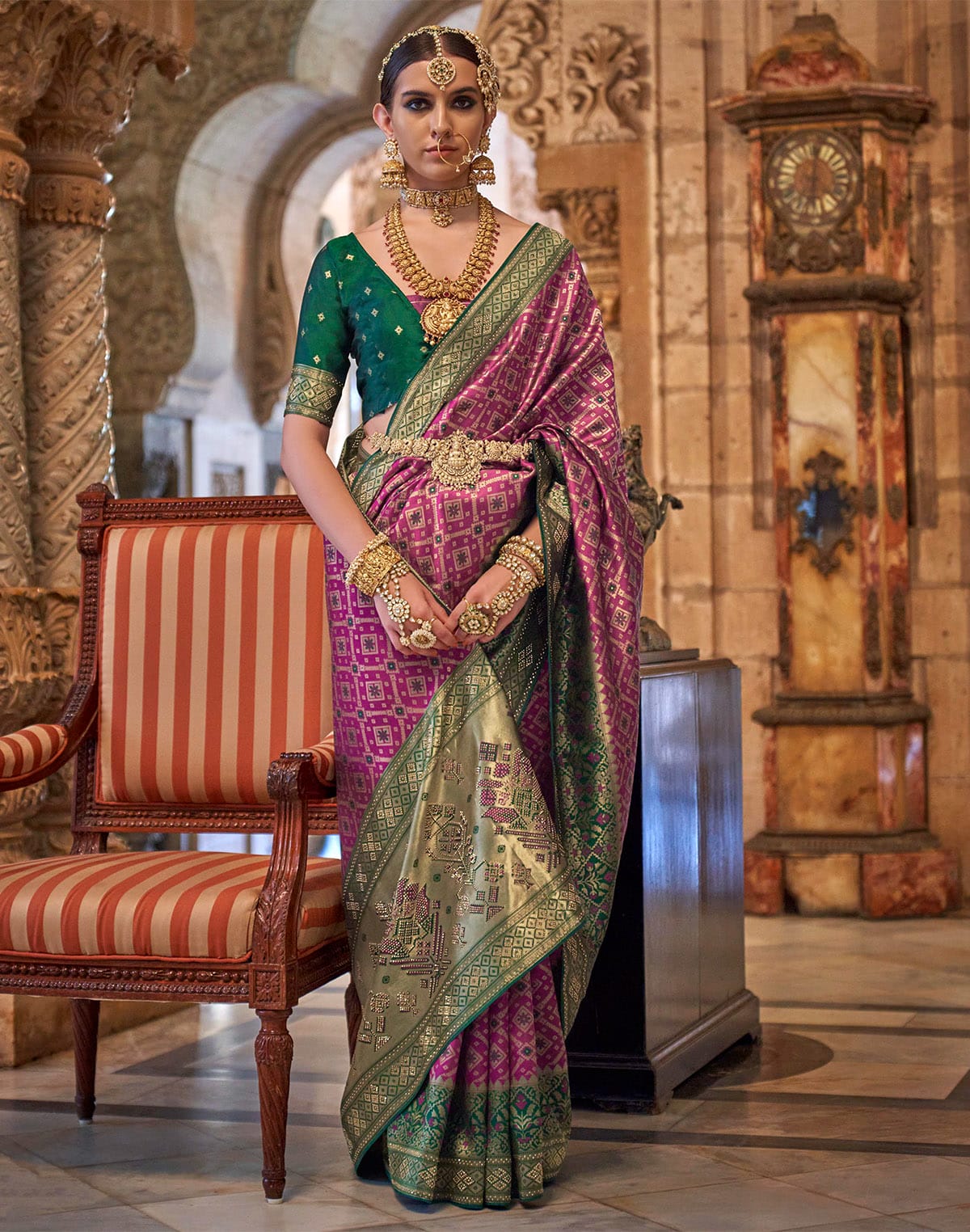 Collection of Purple Floral Stylish Banaras Silk Stones work Saree in a gallery layout