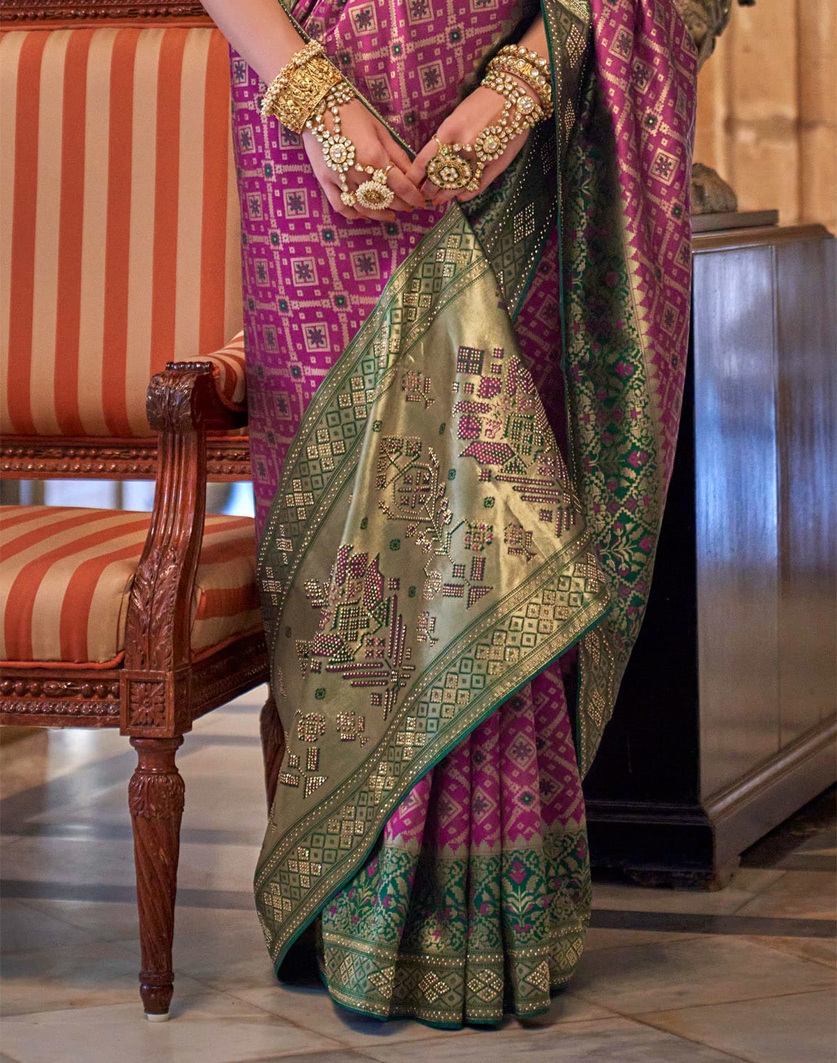 Collection of Purple Floral Stylish Banaras Silk Stones work Saree in a gallery layout