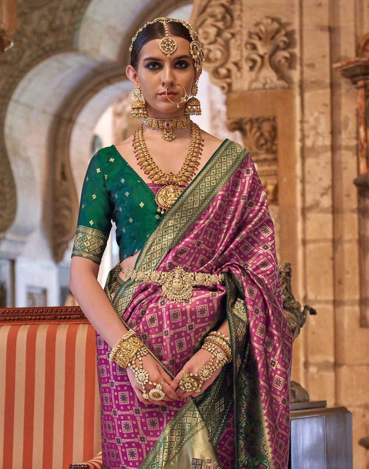 Collection of Purple Floral Stylish Banaras Silk Stones work Saree in a gallery layout