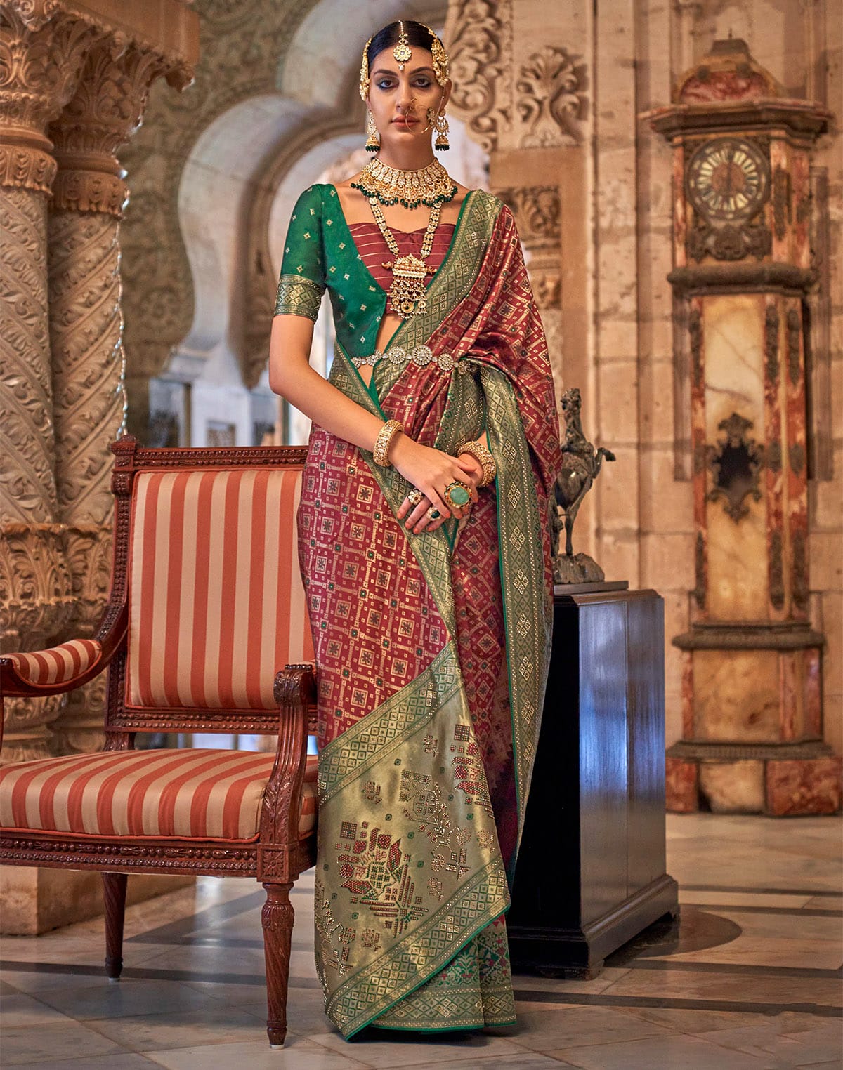 Royal Maroon Stones work Banaras Silk Saree