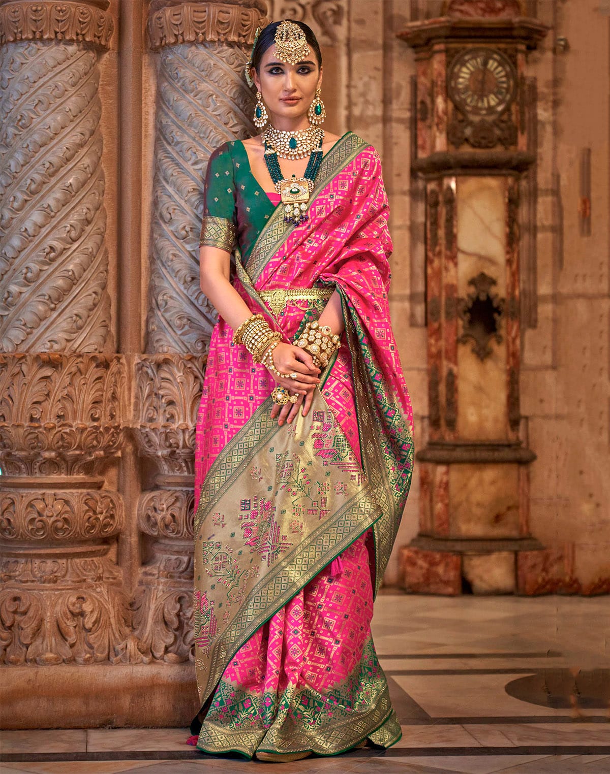 Collection of Pink Banaras Silk Stones work Fancy Saree in a gallery layout