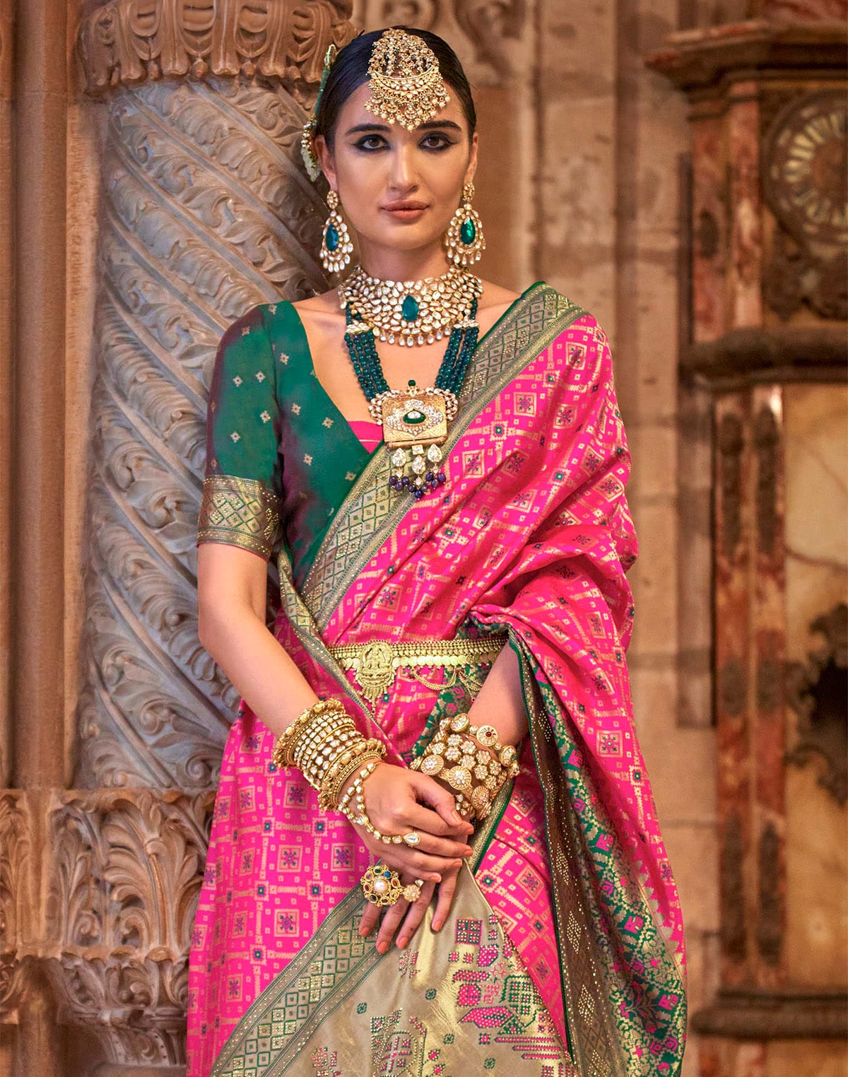 Collection of Pink Banaras Silk Stones work Fancy Saree in a gallery layout