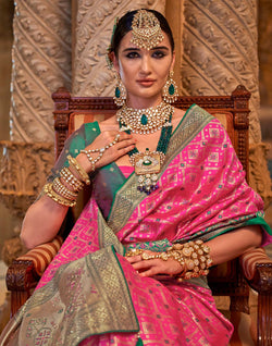 Collection of Pink Banaras Silk Stones work Fancy Saree in a gallery layout