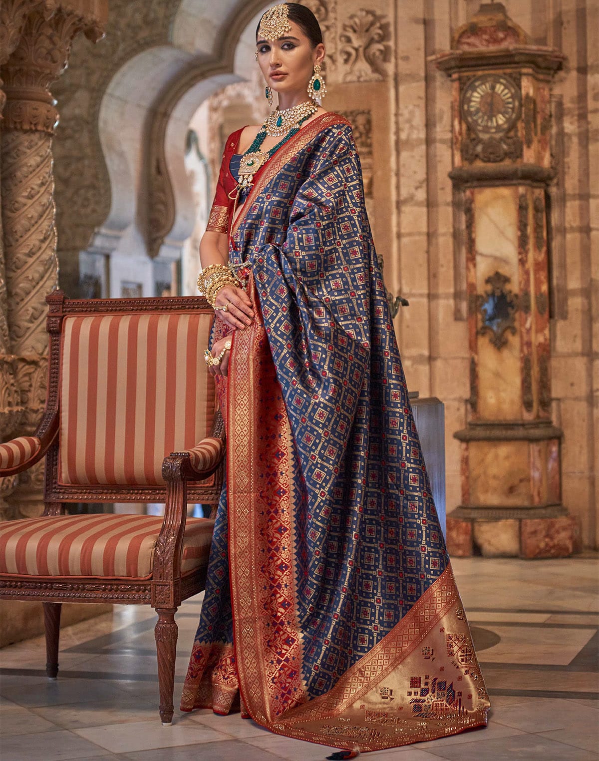 Collection of Navy Blue Banaras Stones work Saree in a gallery layout