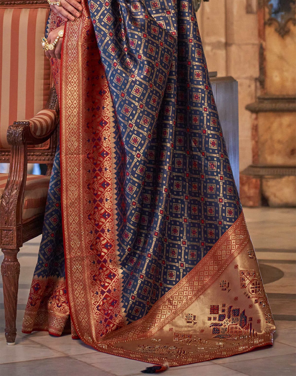 Collection of Navy Blue Banaras Stones work Saree in a gallery layout