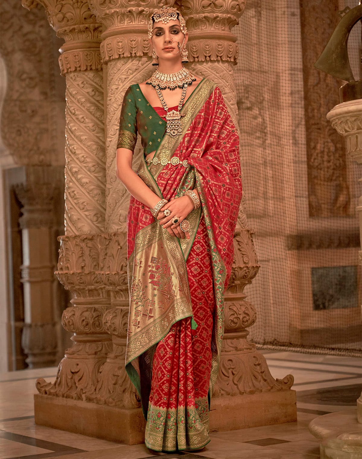 Collection of Red Coloured Banaras Silk Stones work Saree in a gallery layout