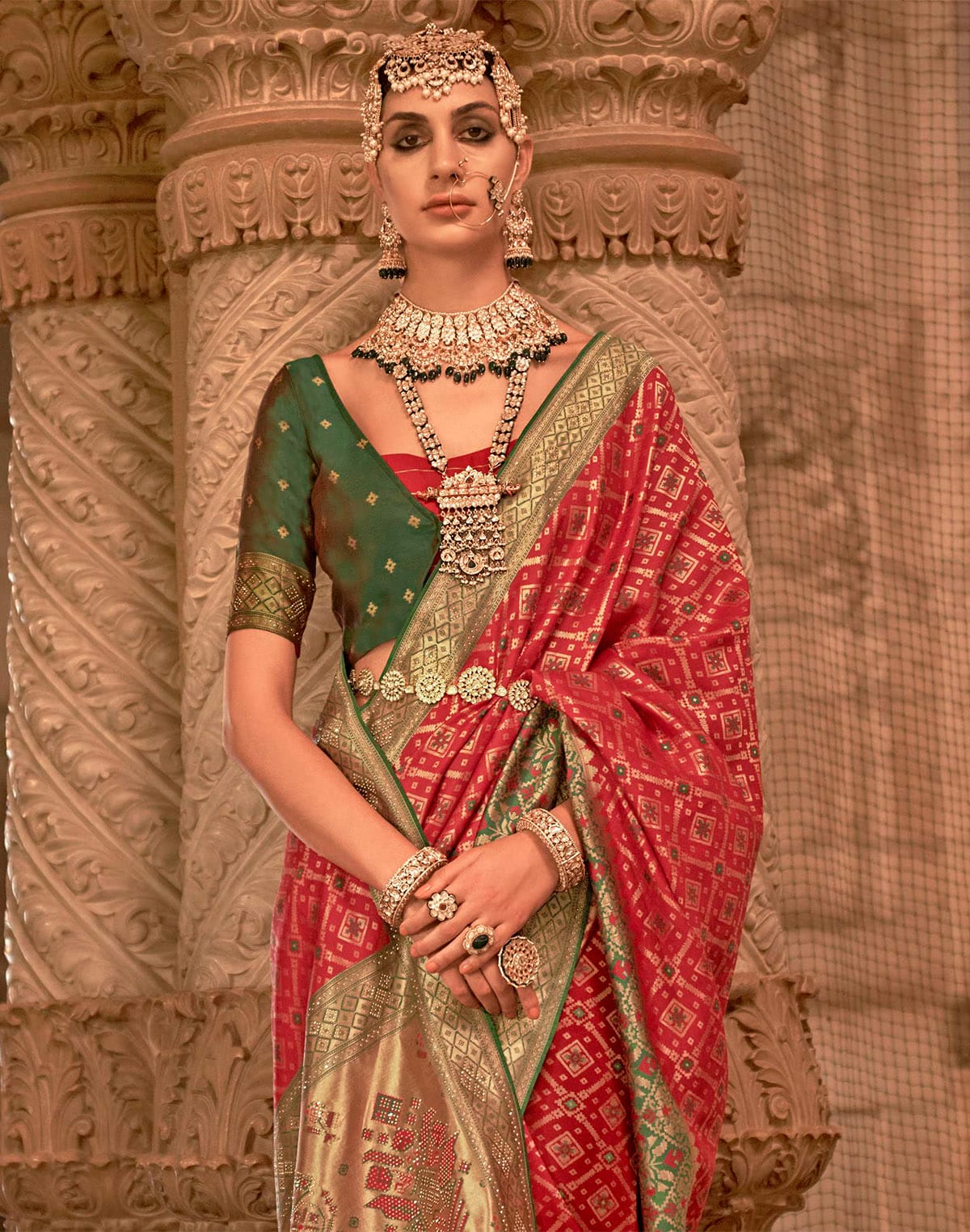 Red Coloured Banaras Silk Stones work Saree