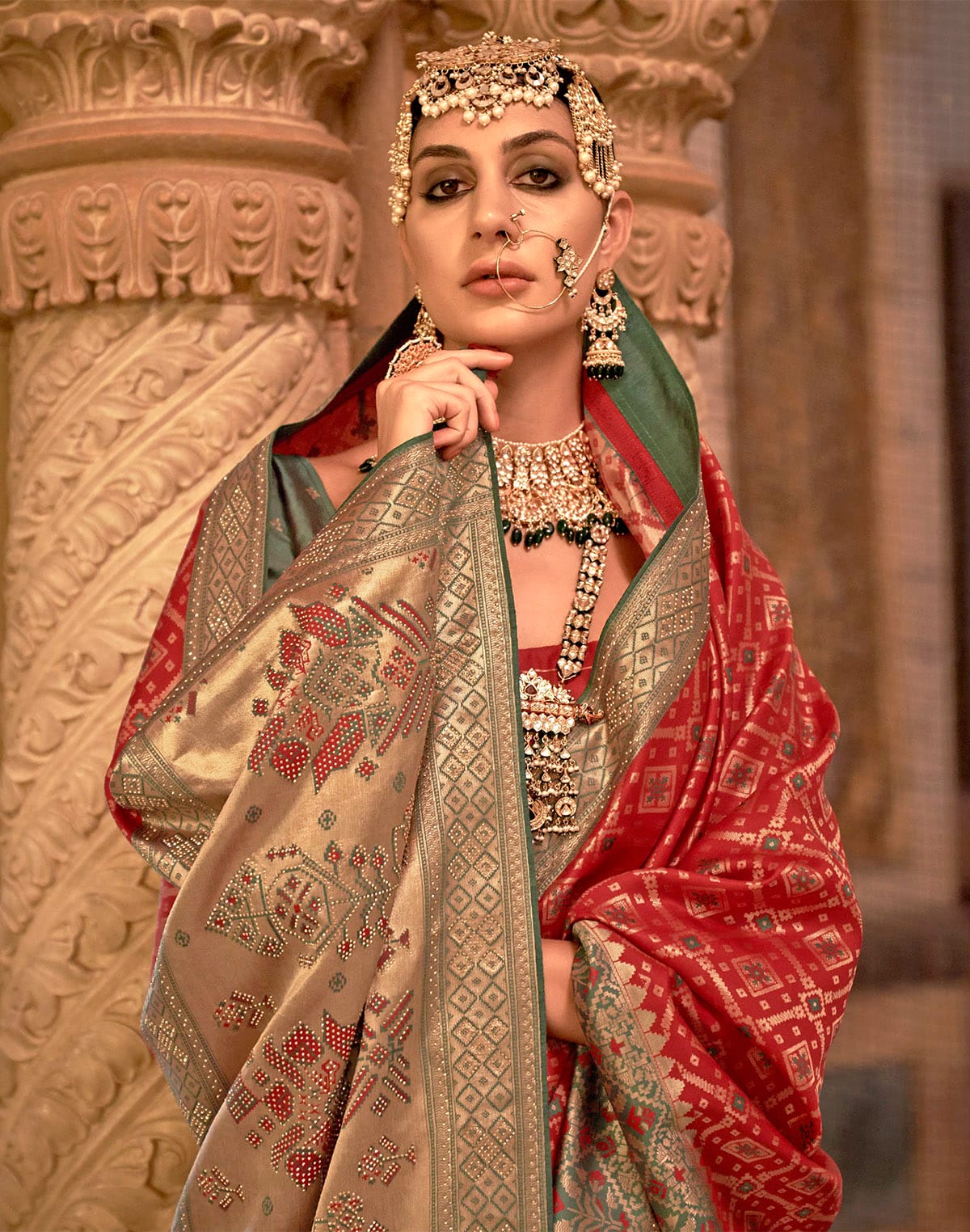 Red Coloured Banaras Silk Stones work Saree