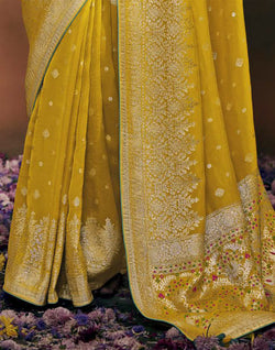 Collection of Vibrant Yellow Colour  Dola Silk Saree With Contrast Blouse in a gallery layout