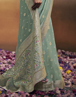 Collection of Light Sea Green Pure Dola Silk Saree and Designer Blouse in a gallery layout