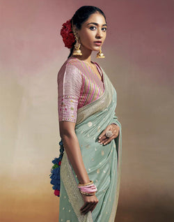 Collection of Light Sea Green Pure Dola Silk Saree and Designer Blouse in a gallery layout