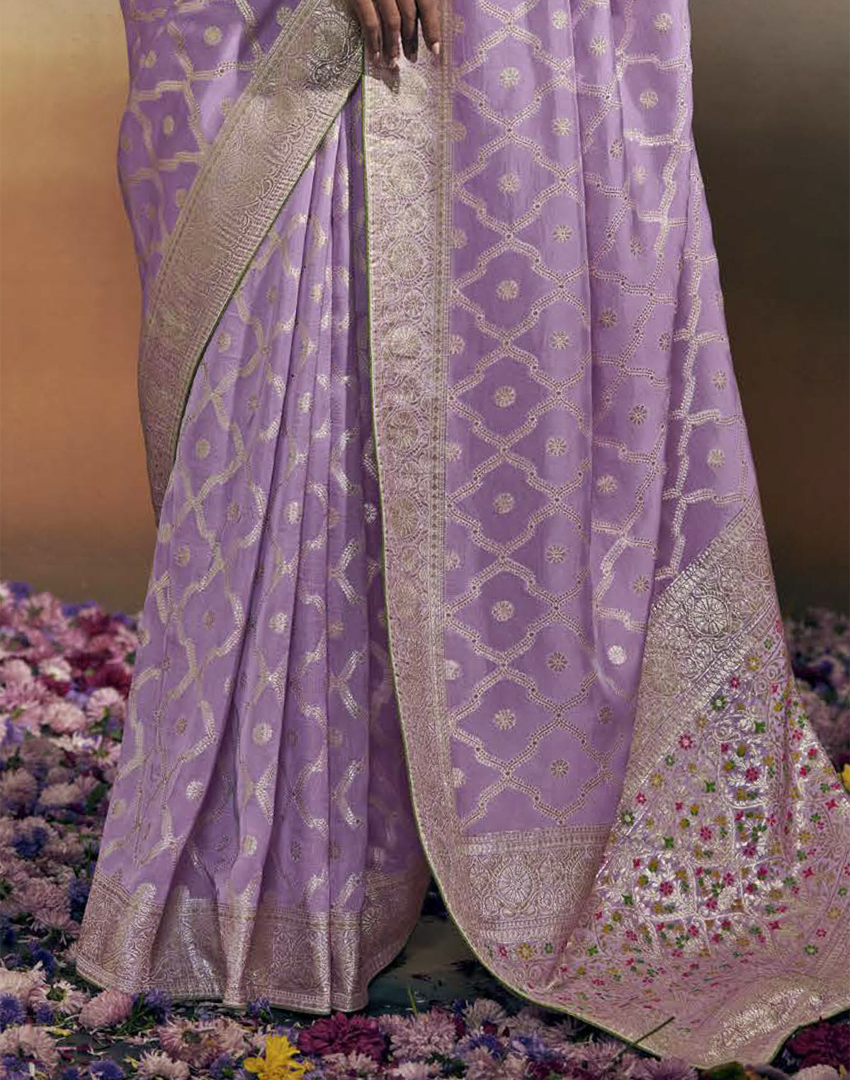 Collection of Lavender Floral Pure Dola Silk Saree With Designer Blouse in a gallery layout