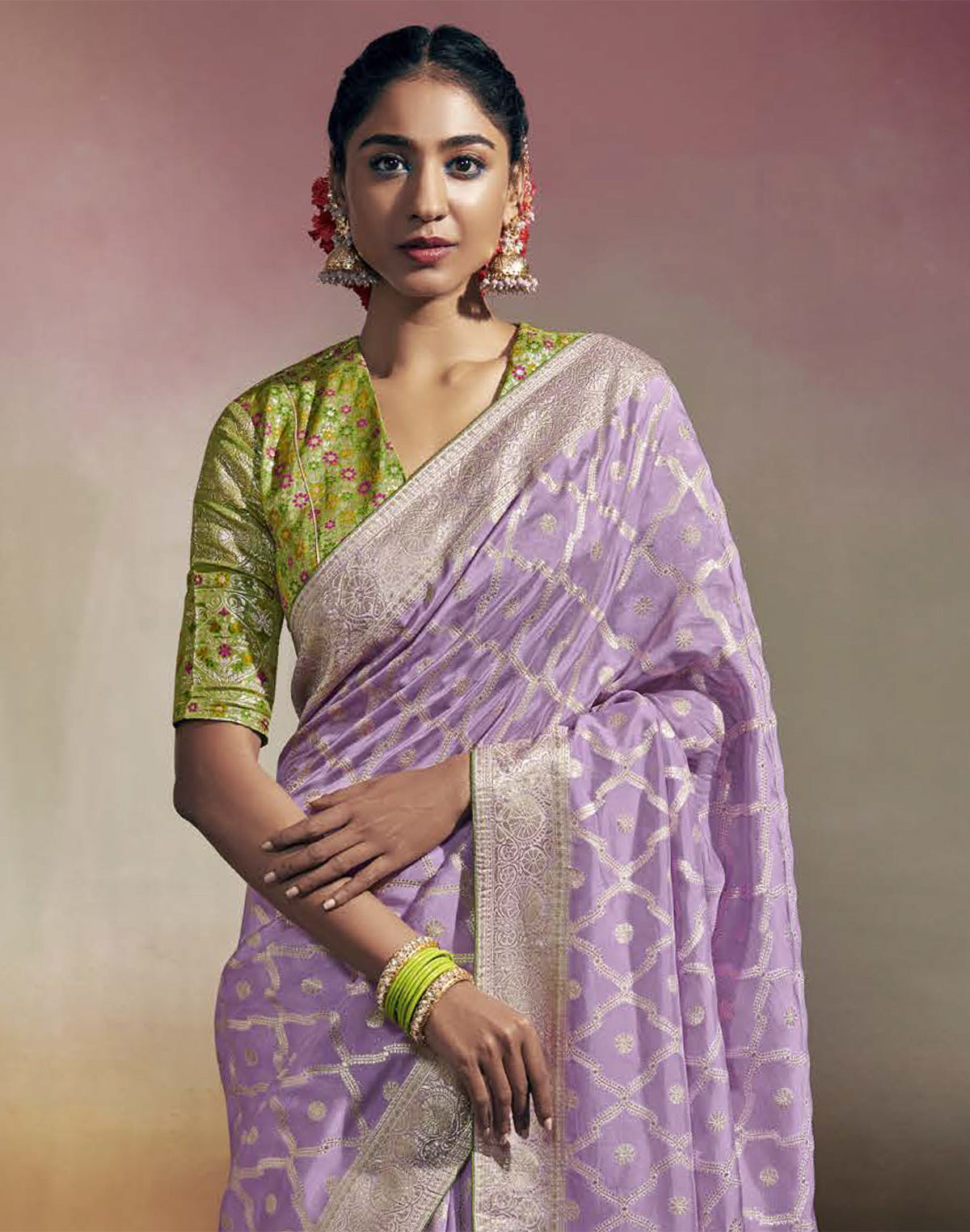 Collection of Lavender Floral Pure Dola Silk Saree With Designer Blouse in a gallery layout