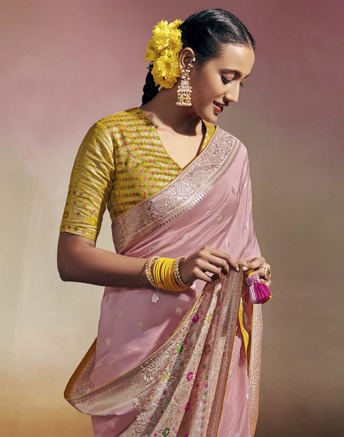 Collection of Soft Banarasi Dola Silk Light Pink Designer Saree in a gallery layout