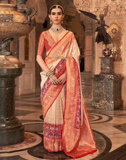 Collection of Cream Zari Woven Banaras Meenakari Silk Saree in a gallery layout