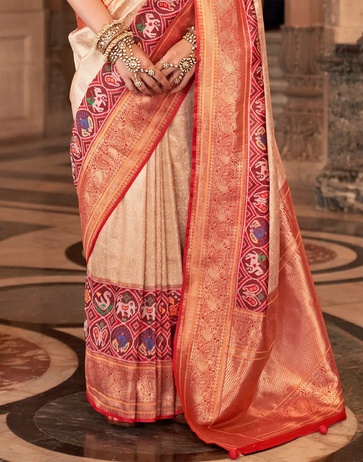 Collection of Cream Zari Woven Banaras Meenakari Silk Saree in a gallery layout