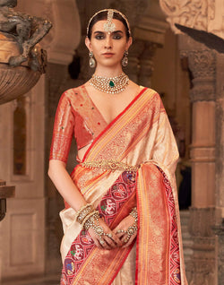 Collection of Cream Zari Woven Banaras Meenakari Silk Saree in a gallery layout